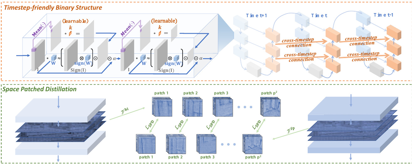BiDM Figure 1 illustrating the timestep-friendly binary structure and space patched distillation